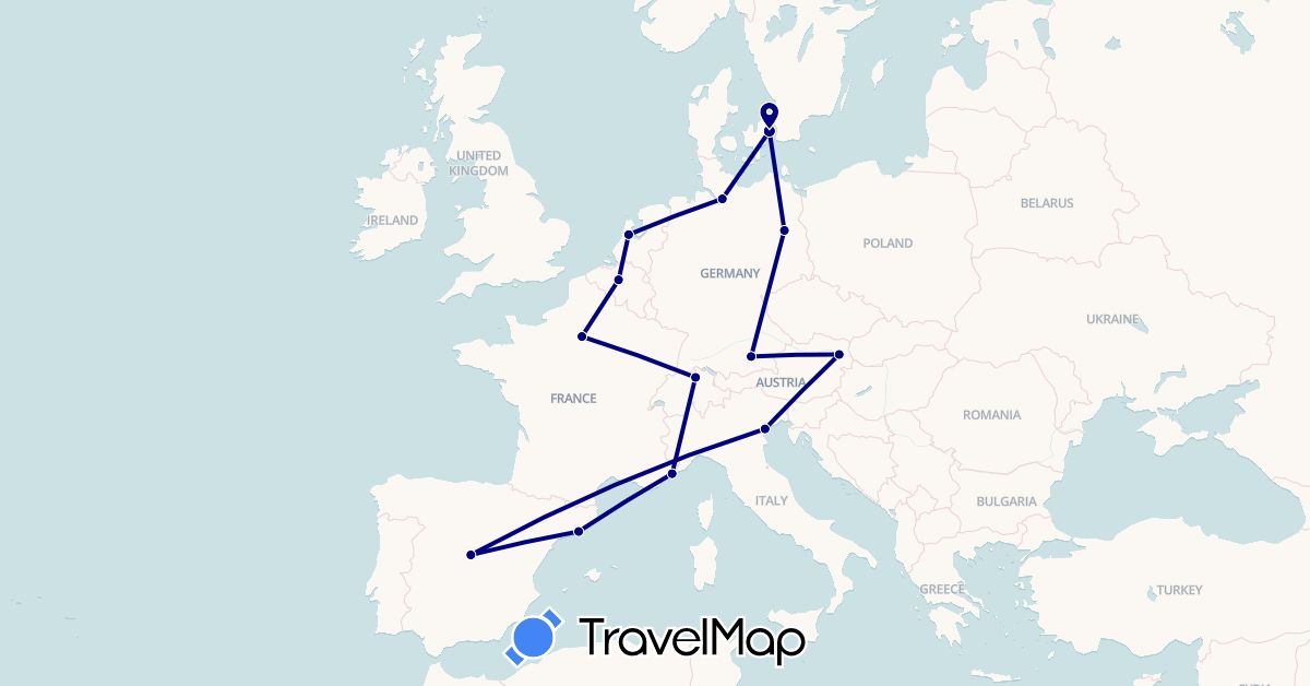 TravelMap itinerary: driving in Austria, Belgium, Switzerland, Germany, Denmark, Spain, France, Italy, Netherlands (Europe)